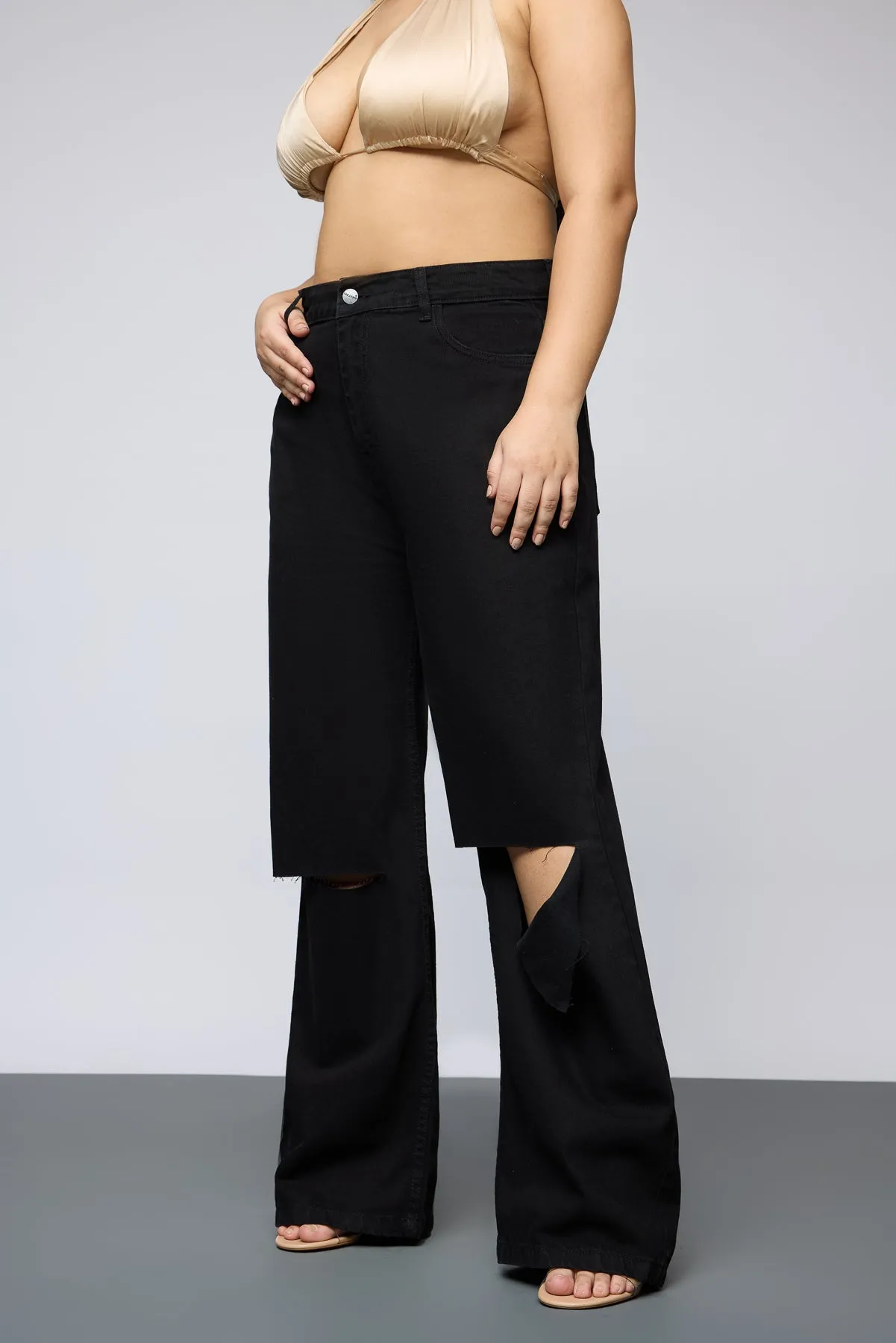 Ultra Black Knee Distressed Curve Wide Leg Jeans