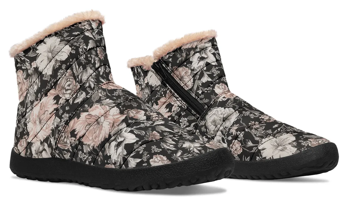 Vintage Peonies Comfy Winter Boots - Warm Vegan Boots with Side Zipper and Anti-Slip Soles