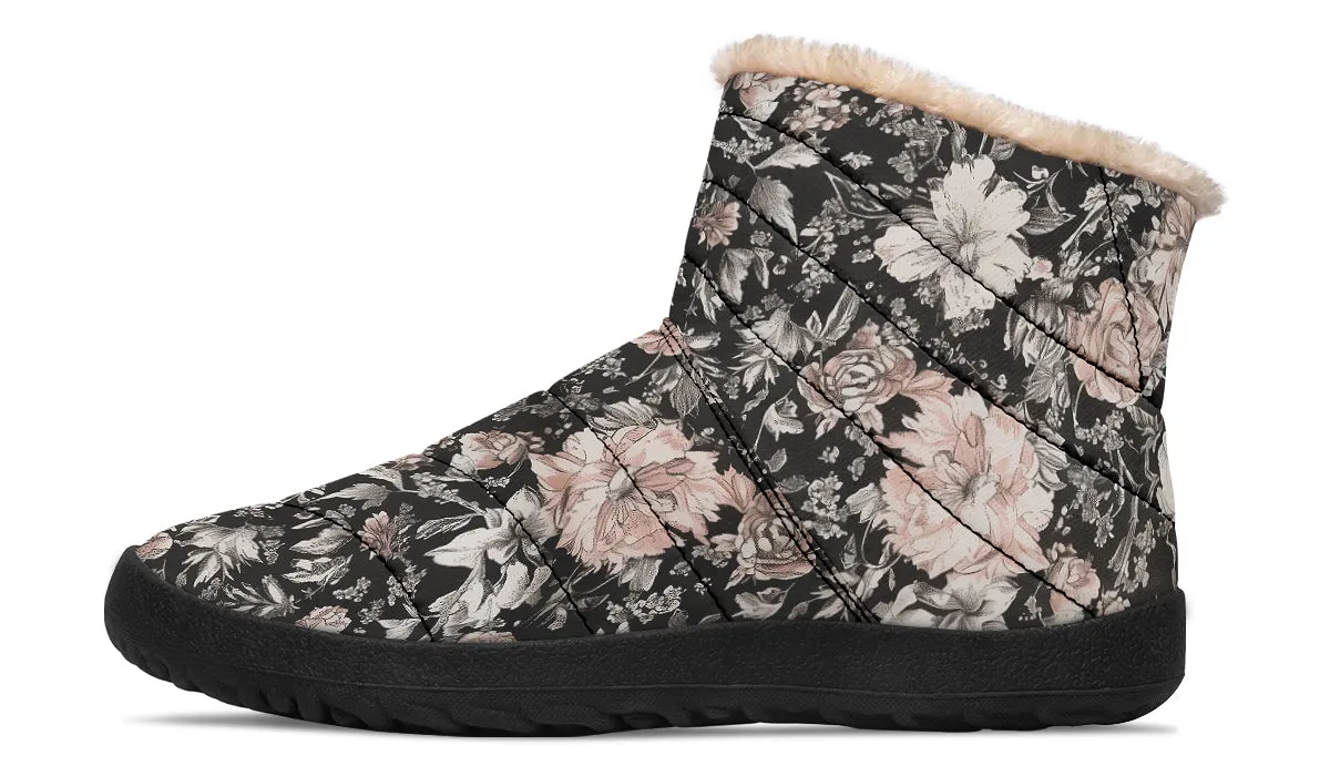 Vintage Peonies Comfy Winter Boots - Warm Vegan Boots with Side Zipper and Anti-Slip Soles