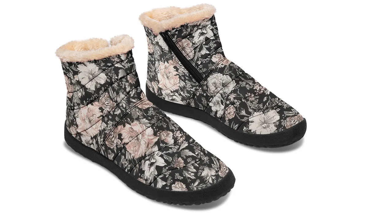 Vintage Peonies Comfy Winter Boots - Warm Vegan Boots with Side Zipper and Anti-Slip Soles