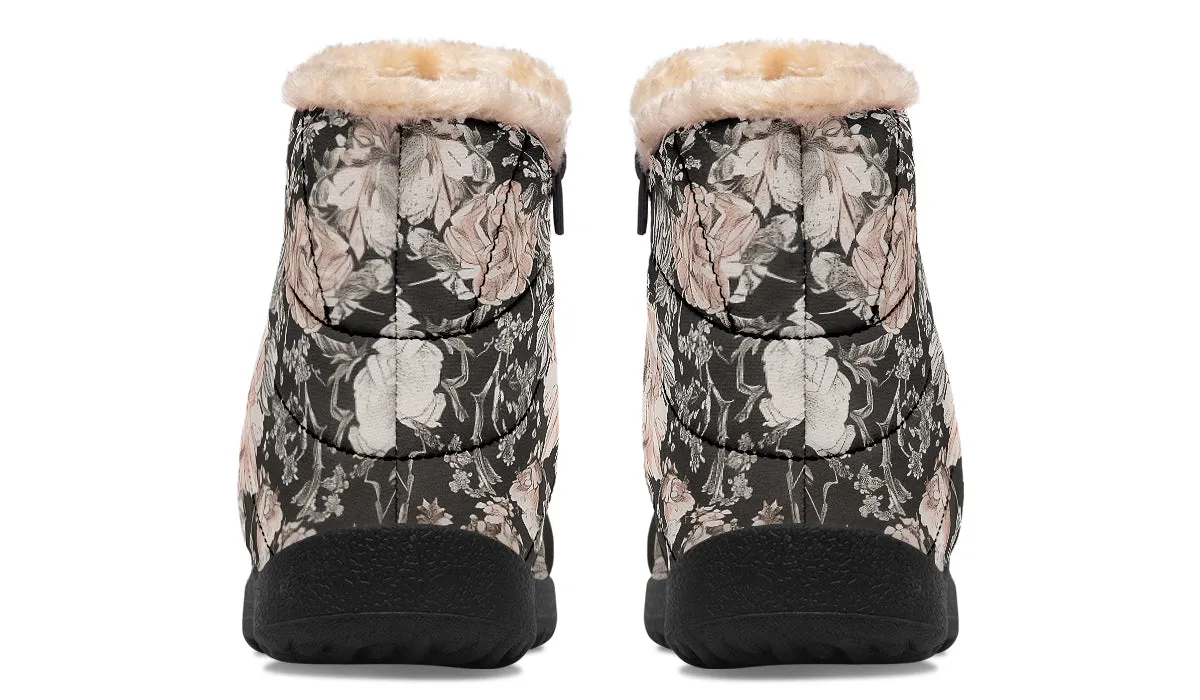 Vintage Peonies Comfy Winter Boots - Warm Vegan Boots with Side Zipper and Anti-Slip Soles