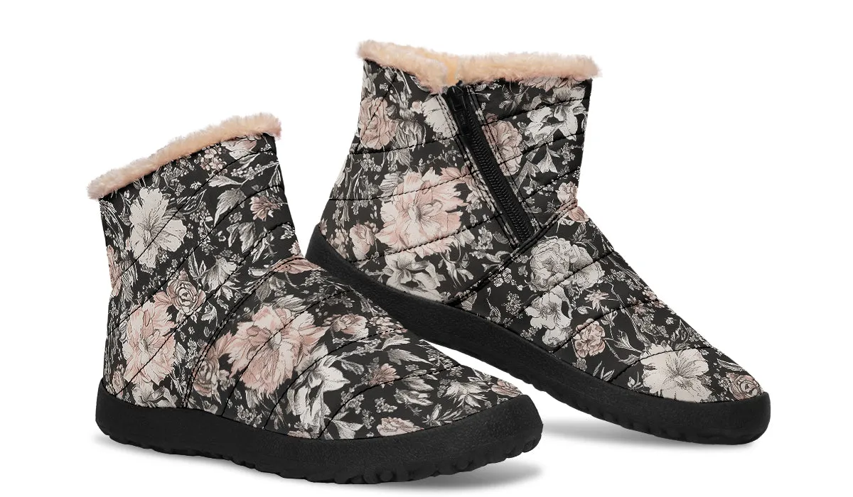 Vintage Peonies Comfy Winter Boots - Warm Vegan Boots with Side Zipper and Anti-Slip Soles