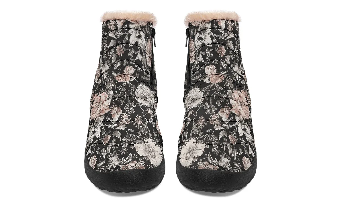 Vintage Peonies Comfy Winter Boots - Warm Vegan Boots with Side Zipper and Anti-Slip Soles