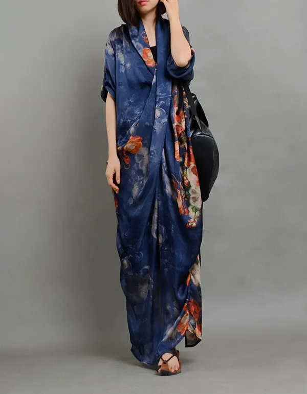 Vintage Printed Silk Cross Body V-Neck Maxi Dress