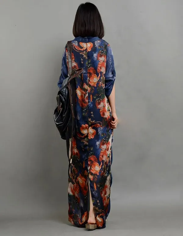 Vintage Printed Silk Cross Body V-Neck Maxi Dress