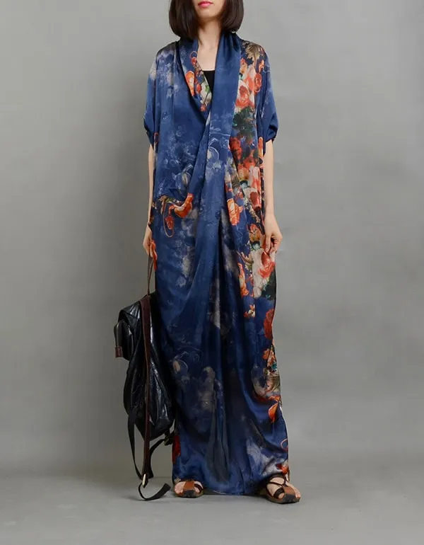 Vintage Printed Silk Cross Body V-Neck Maxi Dress