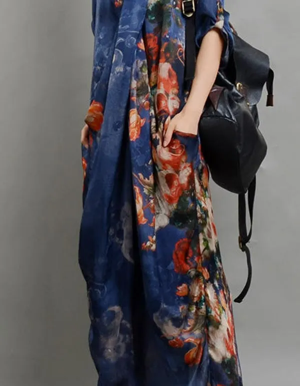 Vintage Printed Silk Cross Body V-Neck Maxi Dress