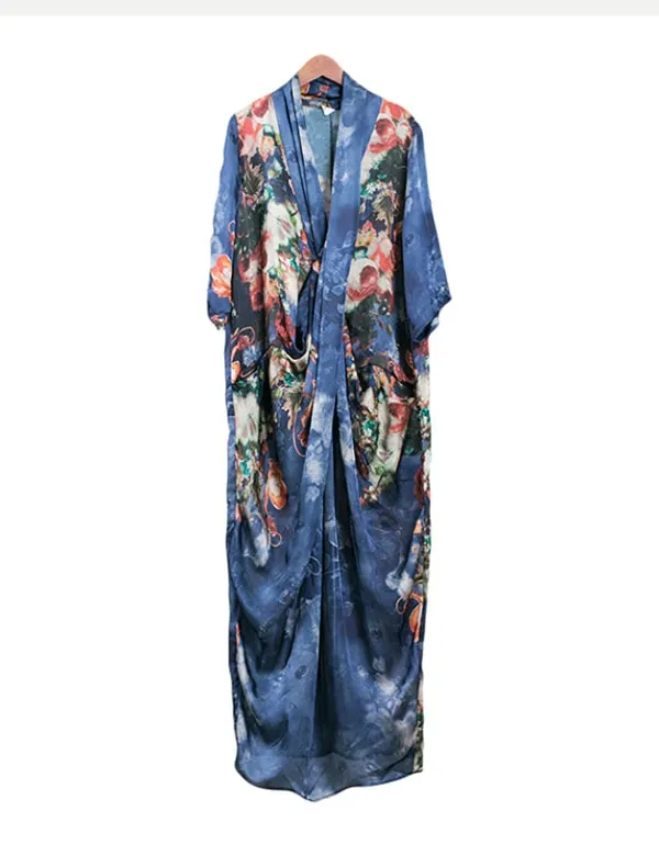 Vintage Printed Silk Cross Body V-Neck Maxi Dress