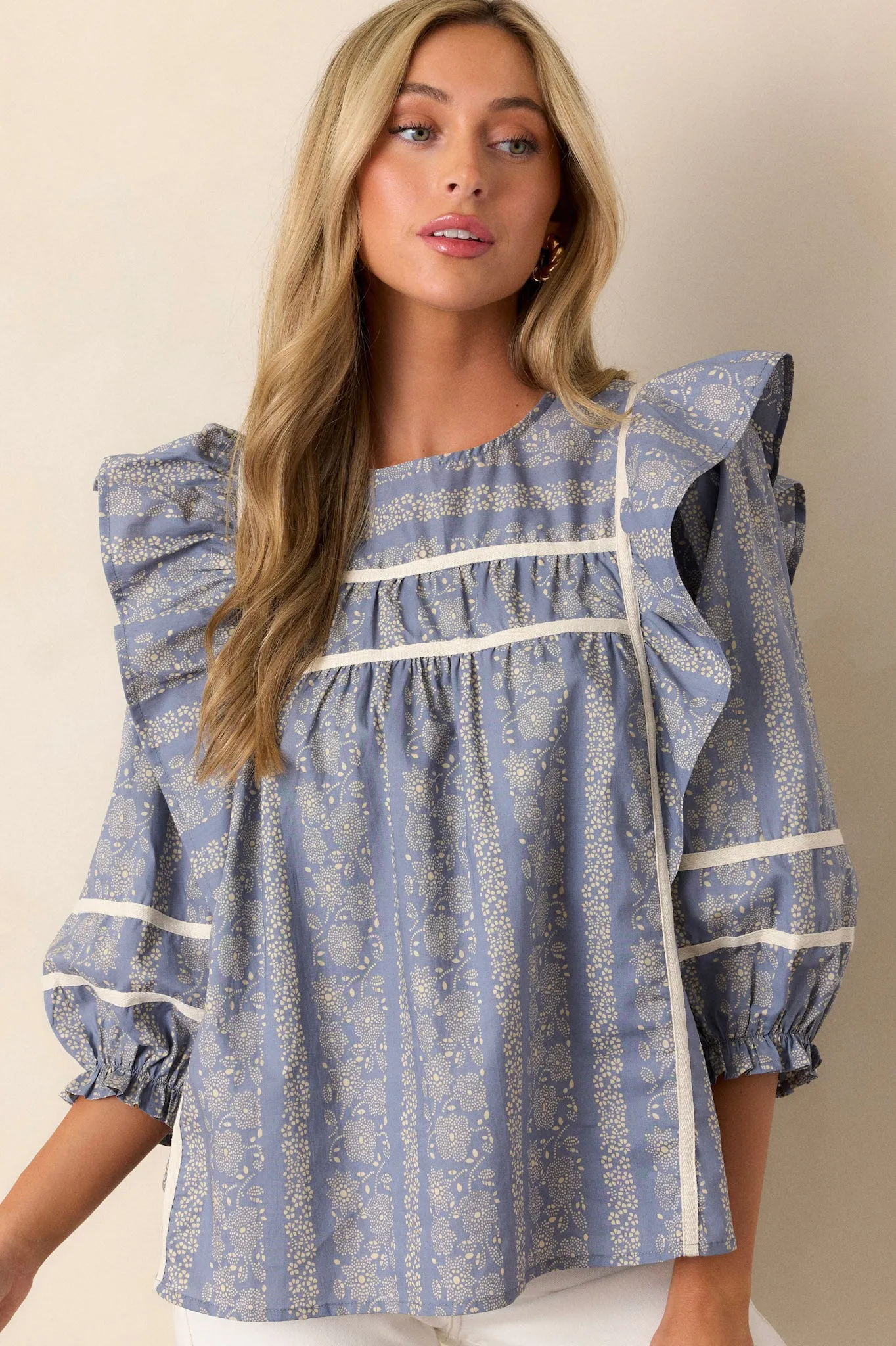 Wake Up Fine Blue 100% Cotton Floral Ruffle Sleeve Top