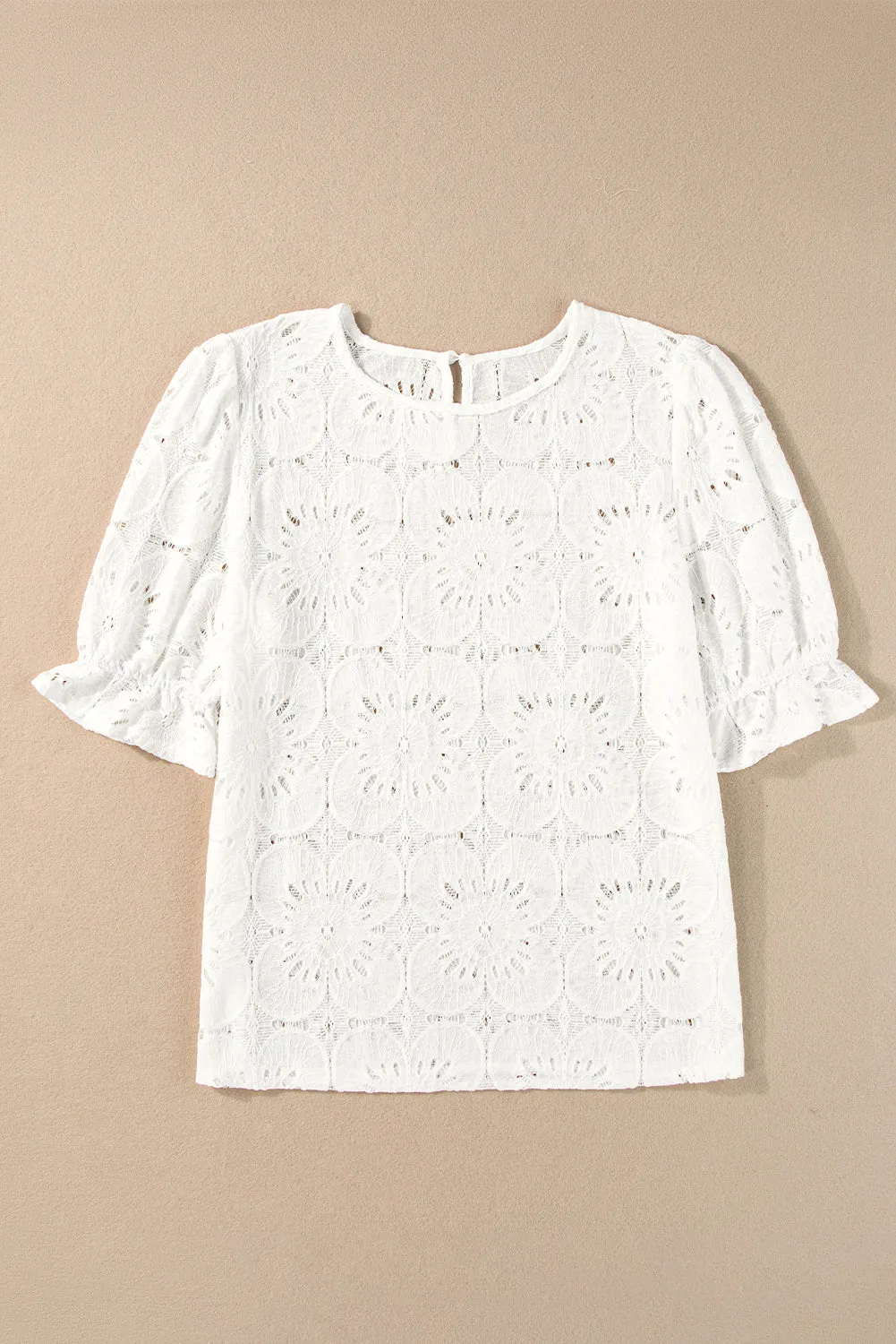 White Flower Eyelet Jacquard Keyhole Flounce Sleeve Top