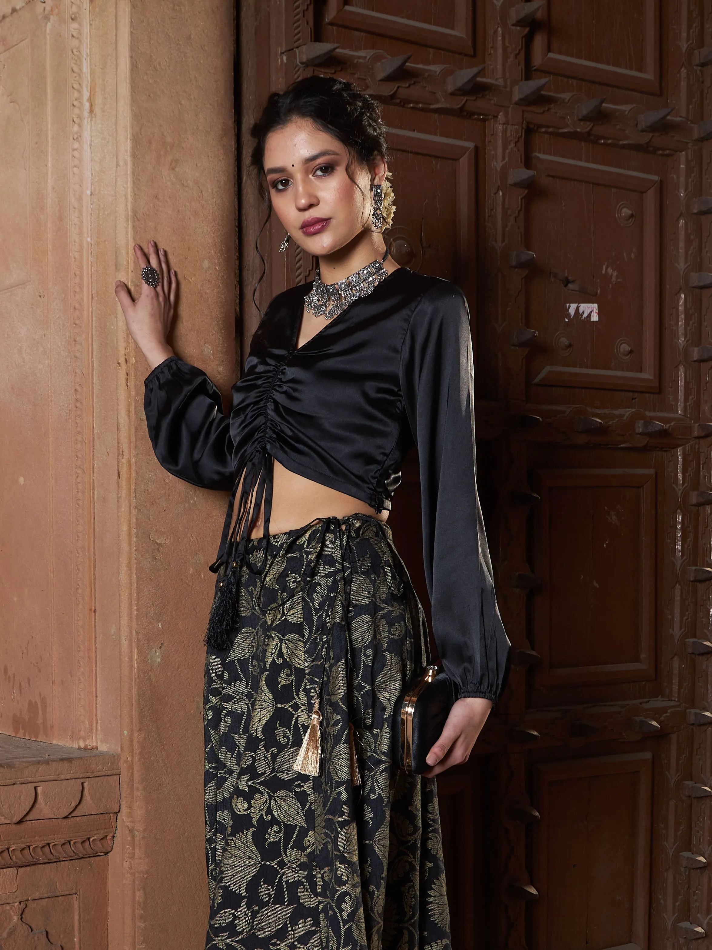 Women Black Satin Ruched Crop Top