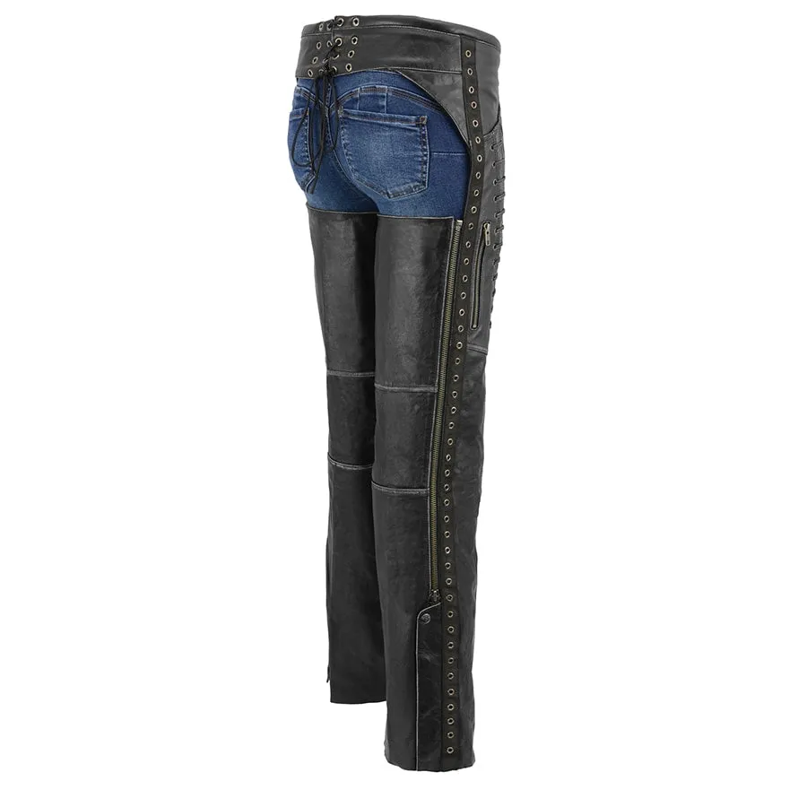 Women Distressed Black Beltless Leather Chaps with Lace & Star Accents